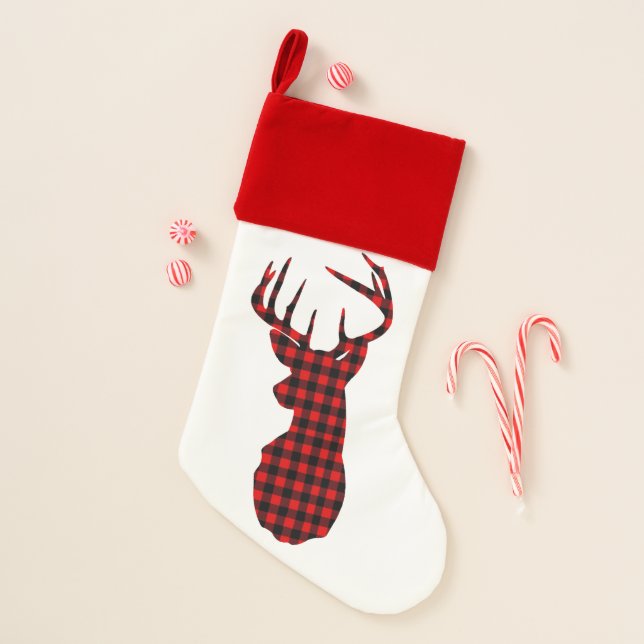 country cabin red buffalo plaid christmas deer christmas stocking (Front)