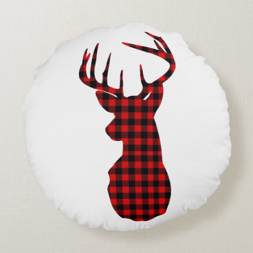 country cabin red buffalo plaid christmas deer round pillow