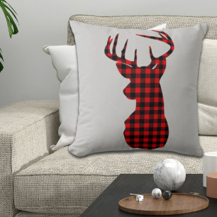 country cabin red buffalo plaid christmas deer throw pillow