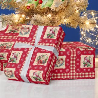 Country Cardinal and Floral Wreath Gingham Squares