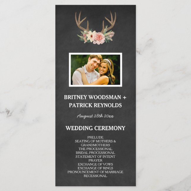 Country Chalkboard Deer Antler Wedding Programs (Front)