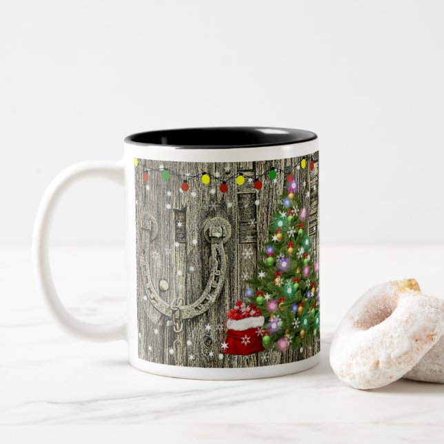 Country Charm Christmas Two-Tone Coffee Mug (With Donut)