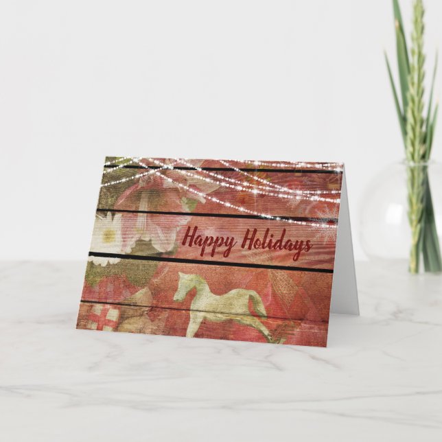 Country Charm Flowers Rocking Horse Happy Holidays Holiday Card (Front)
