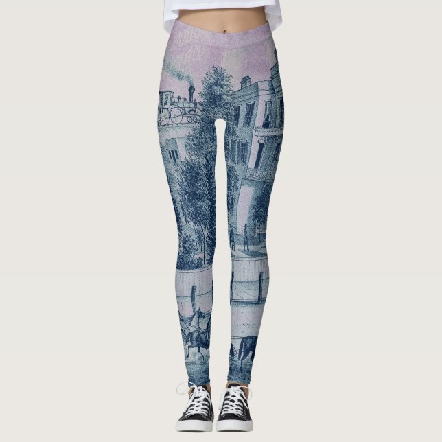 Country Charm Horses Train Bicycle 1871 Lithograph Leggings (Front)