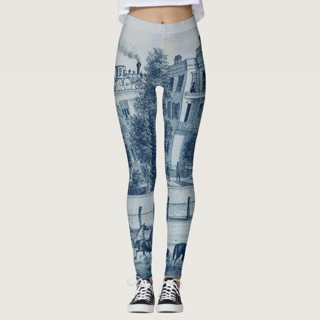 Country Charm Horses Train Bicycle 1871 Lithograph Leggings (Front)