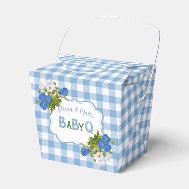 Country Check Blue Gingham Flowers BabyQ BBQ Favor Boxes (Front Side)