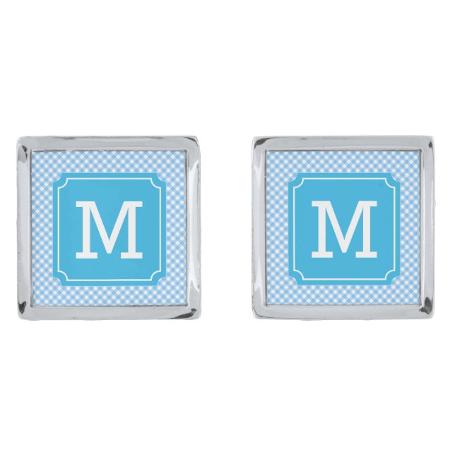 Country Chic Baby Blue Gingham Monogram Cufflinks (Front)