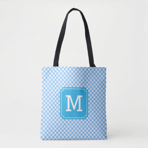 Country Chic Baby Blue Gingham Monogram Tote Bag
