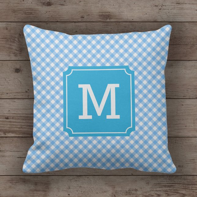 Country Chic Baby Blue Gingham Name Monogram Throw Pillow (Creator Uploaded)