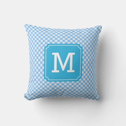 Country Chic Baby Blue Gingham Name Monogram Throw Pillow