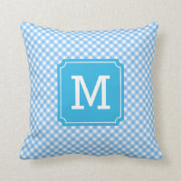 Country Chic Baby Blue Gingham Name Monogram Throw Pillow