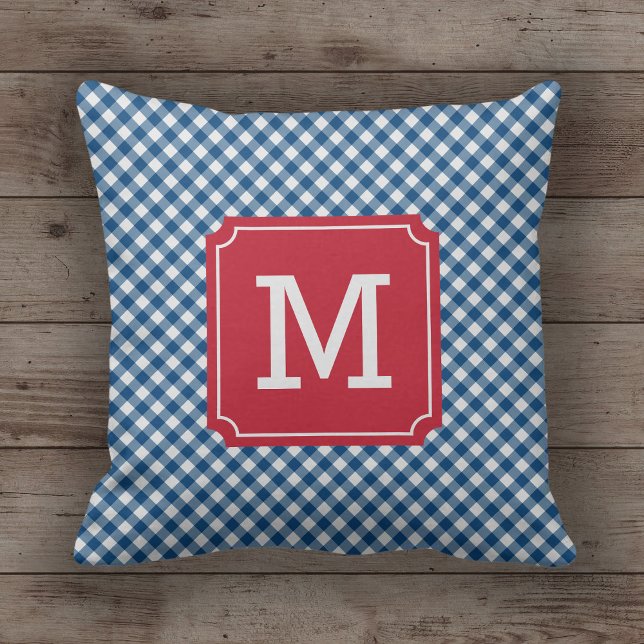 Country Chic Blue Gingham Name Monogram Throw Pillow (Creator Uploaded)