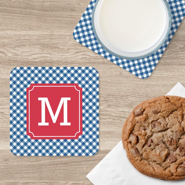 Country Chic Blue Gingham Personalize Monogram Beverage Coaster (Creator Uploaded)