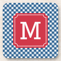 Country Chic Blue Gingham Personalize Monogram Beverage Coaster