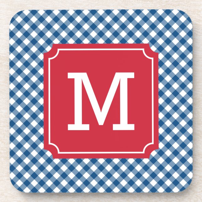 Country Chic Blue Gingham Personalize Monogram Beverage Coaster (Front)