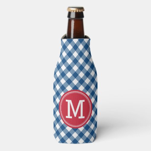 Country Chic Blue Gingham Personalize Monogram Bottle Cooler