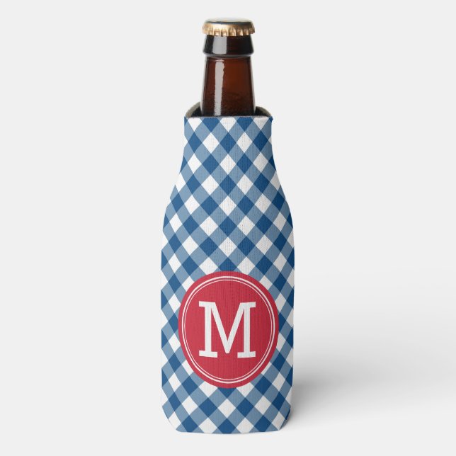 Country Chic Blue Gingham Personalize Monogram Bottle Cooler (Bottle Front)