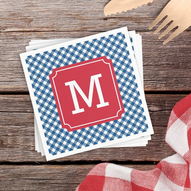 Country Chic Blue Gingham Personalize Monogram Paper Napkins (Creator Uploaded)