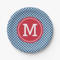 Country Chic Blue Gingham Personalize Monogram Paper Plate