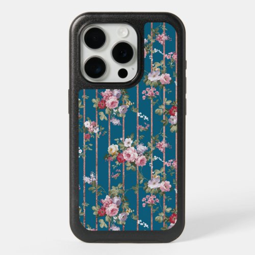 Country chic blue pink floral rose gold stripes iPhone 15 pro case