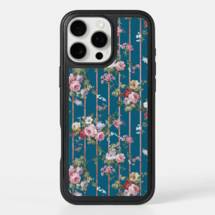 Country chic blue pink floral rose gold stripes iPhone 16 pro max case