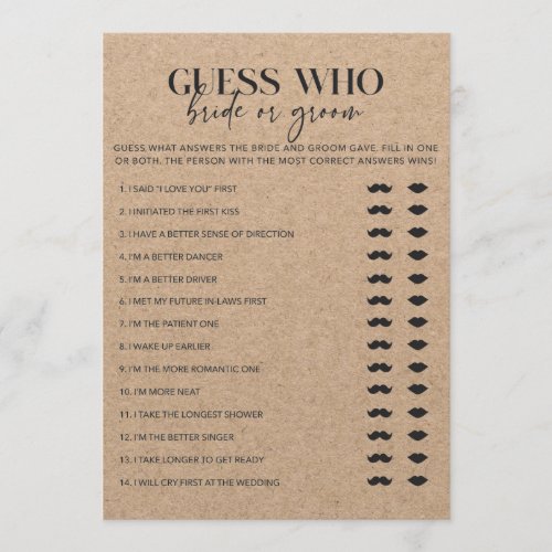 Country Chic Bridal Shower Bride or Groom Game