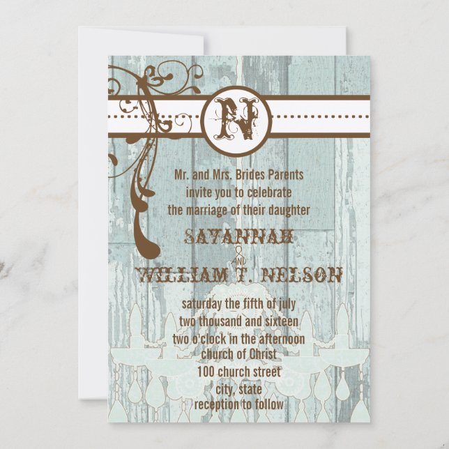 Country Chic Chocolate Mint Rustic Barn Wood Invitation (Back)
