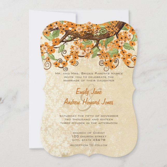 Country Chic Coral Cherry Blossom Wedding Invites (Front)
