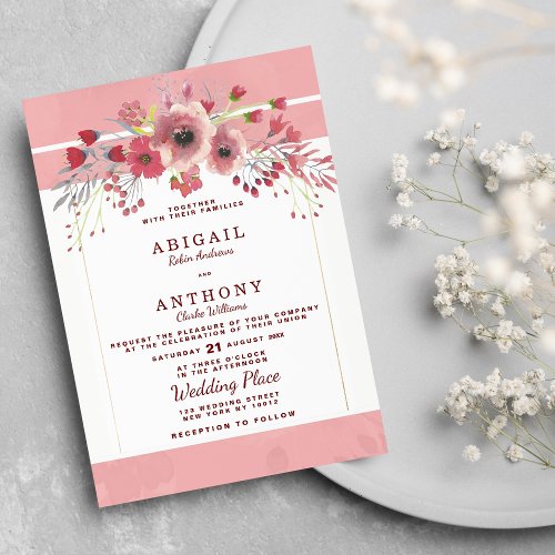 Country chic coral pink watercolor floral wedding  invitation