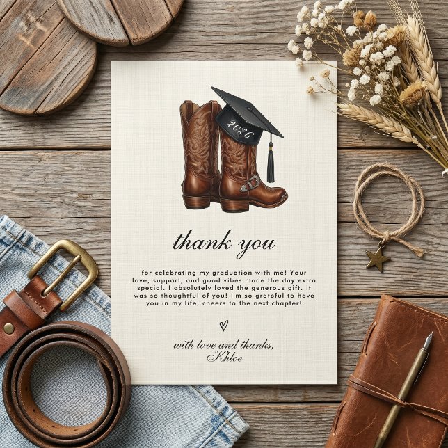 Country Chic Cowgirl Boots and Cap Graduation Thank You Card (Country Chic Graduation Thank You Card)