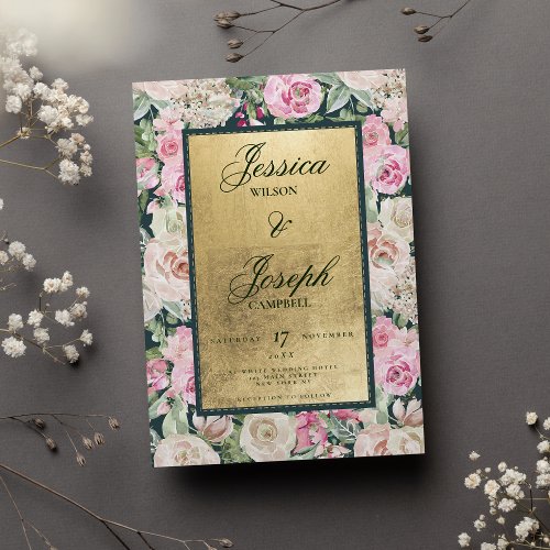 Country chic elegant jade green pink ivory floral invitation