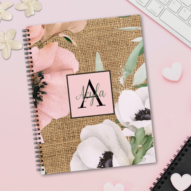 Country Chic Floral Burlap Monogram Notebook (Creator Uploaded)
