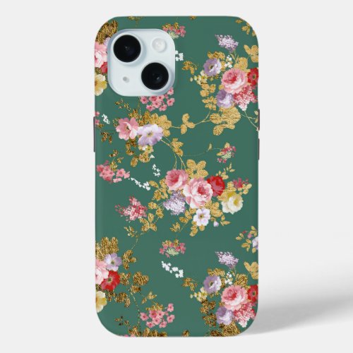 Country chic forest green pink gold elegant floral iPhone 15 case