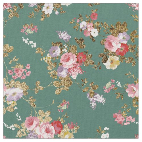 Country chic forest green pink gold elegant floral fabric