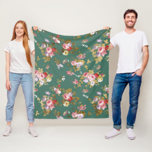 Country chic forest green pink gold elegant floral fleece blanket