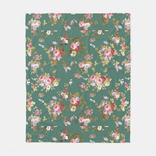 Country chic forest green pink gold elegant floral fleece blanket