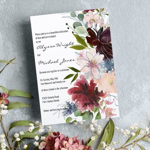 Country chic gold burgundy pink floral Wedding Invitation
