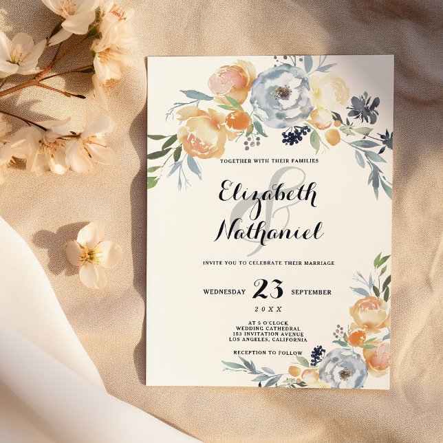 Country chic gray orange white floral wedding invitation (Country chic gray orange white floral wedding)
