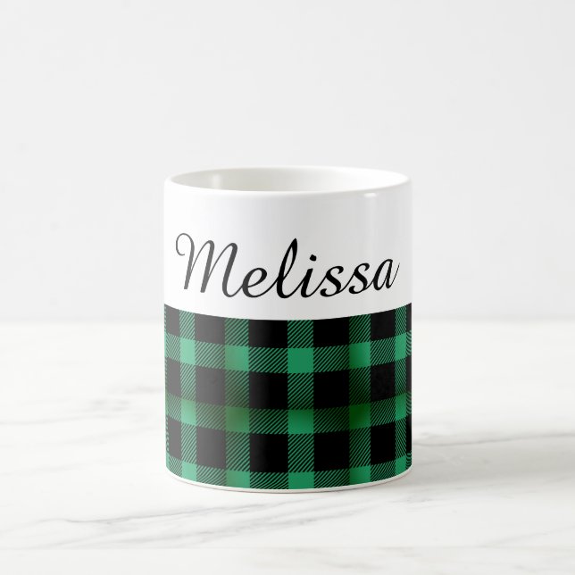 Country Chic Green Black Plaid Custom Name Coffee Mug (Center)