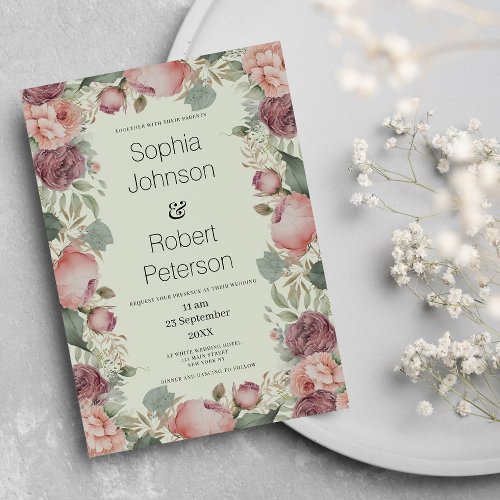 Country chic mint pink brown peony floral Wedding  Invitation