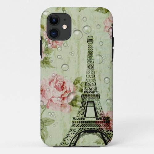 country chic mint pink floral paris eiffel tower iPhone 11 case