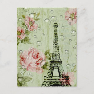 country chic mint pink floral paris eiffel tower postcard