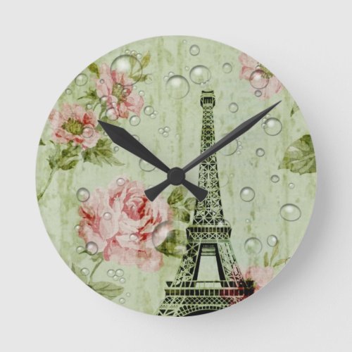country chic mint pink floral paris eiffel tower round clock