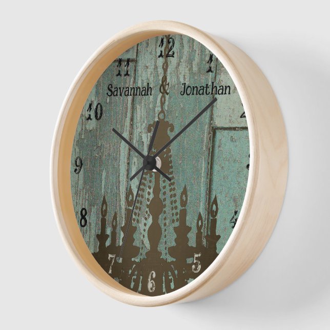 Country Chic Old Rustic Aqua Wood Chandelier Clock (Angle)