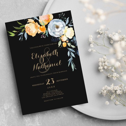 Country chic orange blue black floral wedding invitation