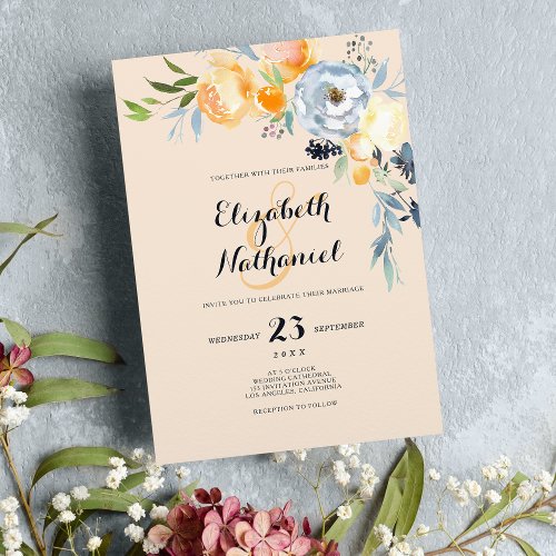 Country chic orange blue ivory floral wedding invitation