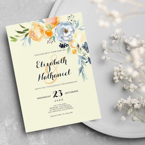 Country chic orange blue  ivory floral wedding  invitation