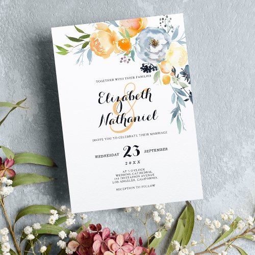 Country chic orange blue white floral wedding invitation