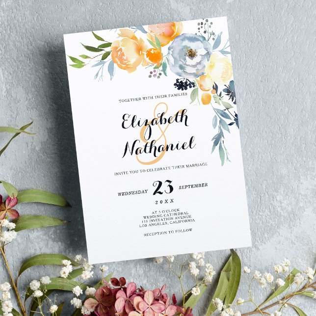 Country chic orange blue white floral wedding invitation (Country chic orange blue white floral wedding invitation )
