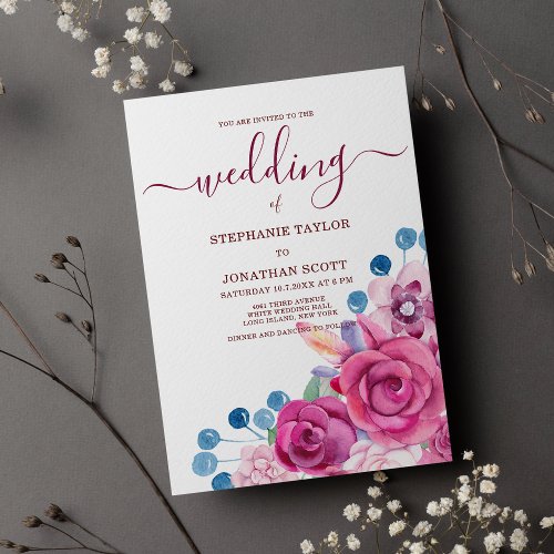 Country chic pink purple blue floral theme wedding invitation